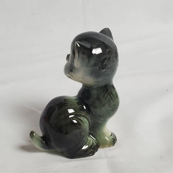 Vintage Japan Ceramic Cat Figurine 4.5" Green Black - Picture 2 of 5